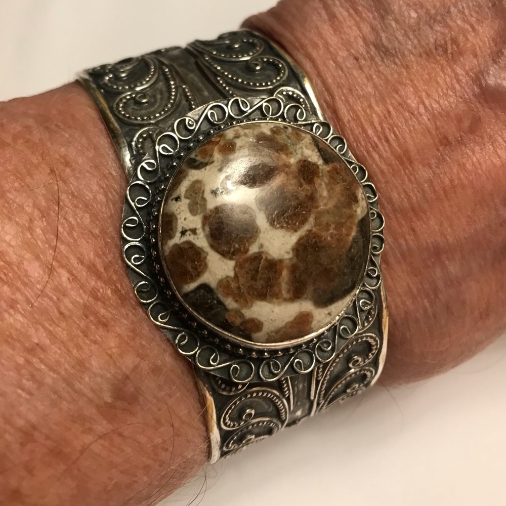 Natural Spessartine Stamped Solid 925 Sterling Silver Cuff Bracelet